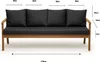 A front view of a three-seater outdoor sofa with dark grey cushions, showing dimensions. Voir les images du produit