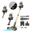 A collage of a cordless vacuum cleaner and its accessories, with a close-up of the display screen. Náhled obrázku produktu