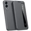 A dark gray flip case for a smartphone, shown at an angle.