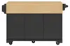 A side view of a kitchen island cart with a wooden top and black cabinet base, resting on wheels. Produktbild-Vorschau