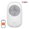 A white Zigbee remote controller with icons for home, lock, unlock, and a button, shown next to a smartphone displaying a T-logo. Anteprima dell’immagine prodotto