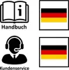 The image contains icons and text related to product information and customer service, with German flag icons. Produktbild-Vorschau