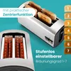 A toaster with bread inside, shown from two angles, with text overlays highlighting features and a color scale indicating browning levels. Produktbild-Vorschau