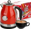 A red retro electric kettle with a temperature gauge and a cup of coffee next to it, with a product box in the background featuring "60's Retro" graphics. Podgląd zdjęcia produktu