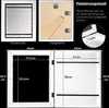 Collage of images showing a white picture frame from the front, back, and with dimensions, along with placement options. Produktbild-Vorschau