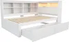 A white wooden daybed with shelves and drawers, shown from a diagonal angle. Produktbild-Vorschau