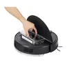 A hand is shown removing a dustbin from a black robotic vacuum cleaner. Produktbild-Vorschau