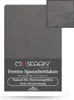A close-up of a gray fitted sheet with a small inset showing the texture of the fabric. Produktbild-Vorschau