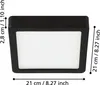 A black square ceiling light with a white diffuser, with dimensions indicated by measurement lines and text. Produktbild-Vorschau