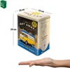 A tin box with a vintage Volkswagen bus design, shown with dimensions and a hand for scale. Voir les images du produit