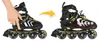 A hand is shown adjusting an inline skate, with an arrow indicating a change to a larger size. Voir les images du produit