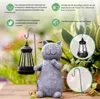 A decorative cat statue holding a lantern in a garden setting, with informational overlays. Produktbild-Vorschau