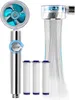 A shower head with a fan and water spray, along with three filter cartridges. Produktbild-Vorschau