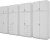 A row of four identical white wardrobes with two doors and three drawers each, set against a white background. Podgląd zdjęcia produktu