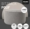 A round, gray pouf is shown in the center of the image, with text overlays highlighting its features and material. Podgląd zdjęcia produktu