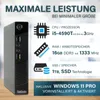 A marketing image for a mini PC, showcasing its specifications and features. Produktbild-Vorschau