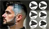 A man's head and shoulders are shown in profile, with superimposed lines and numbers indicating hair lengths and beard trimming guides. To the right, there are six different clipper guards with numbers indicating their sizes. Náhled obrázku produktu