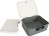 An open, empty, gray lockbox with a white lid and a separate white tray, shown against a white background. Produktbild-Vorschau