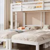 A white bunk bed with two beds on the lower level and one on the upper level, with bedding and pillows. Náhled obrázku produktu