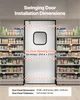 A swinging door with installation dimensions shown, surrounded by shelves of products. Náhled obrázku produktu