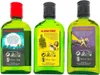 Three green glass bottles of liquor with labels showing illustrations and text. Produktbild-Vorschau