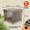 A polyrattan side table with dimensions indicated and features highlighted. Produktbild-Vorschau