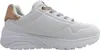 A side view of a white sneaker with rose gold accents. Voir les images du produit