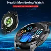 A close-up marketing image of a smartwatch, showcasing its health monitoring features on the screen and the back sensors. Produktbild-Vorschau