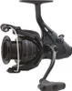 A black fishing reel is shown against a light gray background. Produktbild-Vorschau