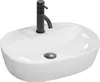 A white oval countertop sink with a black faucet and a gray drain. Podgląd zdjęcia produktu
