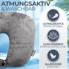 A grey travel pillow is shown with marketing text and icons highlighting its features. Produktbild-Vorschau
