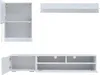 A set of white furniture pieces for a living room, including a wall-mounted cabinet, a wall shelf, and a TV stand, displayed against a white background. Produktbild-Vorschau