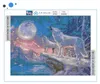 A diamond painting kit showing a finished artwork of wolves howling at the moon. Podgląd zdjęcia produktu