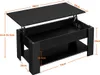 A black lift-top coffee table with dimensions indicated by measurement lines and text. Produktbild-Vorschau