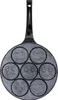 A top-down view of a pancake pan with seven emoji-shaped molds. Náhled obrázku produktu