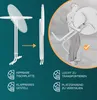 Diagrams and illustrations showing a folding table, its features, and a person carrying it. Anteprima dell’immagine prodotto