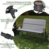 A camping bench is shown outdoors on grass, with close-up insets highlighting its features. Produktbild-Vorschau