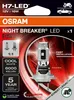 Packaging for OSRAM NIGHT BREAKER LED H7 bulbs, featuring product imagery and feature callouts. Produktbild-Vorschau