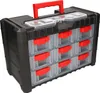 A black and clear plastic storage organizer with red drawer pulls, shown from a slightly elevated front angle. Produktbild-Vorschau