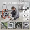 A man is using a pipe cleaning machine with various attachments shown around him. Four smaller images at the bottom show different types of pipes. Náhľad obrázku produktu