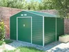 A green garden shed is shown in an outdoor setting with a brick wall and trees in the background. Náhľad obrázku produktu