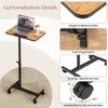A mobile laptop table with a wooden top and black metal frame, shown with a laptop and a cup on it, and close-ups of its features. Podgląd zdjęcia produktu