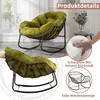 A collage of images showcasing a green rocking chair with a rattan frame, including close-ups of its features and materials. Produktbild-Vorschau