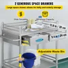 A stainless steel medical cart with drawers and accessories, featuring text overlays highlighting features and dimensions. Produktbild-Vorschau