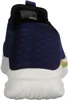 The back view of a blue and white sneaker with gold accents. Voir les images du produit