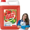 A large red bottle of Ajax Floral Fiesta liquid cleaner is shown next to a smiling woman wearing an apron and blue gloves. Náhled obrázku produktu
