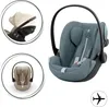 A collage of a baby car seat, showing different angles and features, with an airplane icon. Produktbild-Vorschau