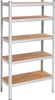 A metal shelving unit with wooden shelves against a white background.