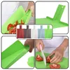 A collage of images showing a foldable cutting board with tomatoes being cut on it. Produktbild-Vorschau