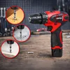 A red and black cordless drill is shown on a wooden surface, with three close-up insets demonstrating drilling into wood, metal, and a composite material. Produktbild-Vorschau